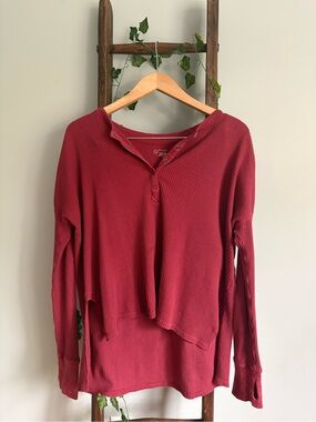 Aerie Women's Waffle Henley Top - Red Plum